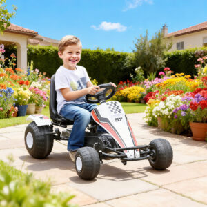 Gokart til børn med pedaler og bremser, 104 x 66 x 57 cm, lavet af stål, til alderen 3-8, hvid