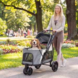 Sammenklappelig hundebåren/hundevogn med vaskbar hynde, netvinduer, 3 hjul, til mellemstore hunde op til 20 kg, grå