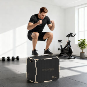 3-i-1 Plyo Box, hoppeboks med håndtagsåbninger, til hjemmefitness og udendørs træning, 3 hoppehøjder, træ, sort