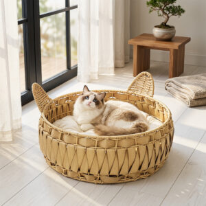 Rattan katteseng, kattehule med aftagelig hynde, kattekurv til katte op til 10 kg, 50 x 50 x 25 cm, lysebrun