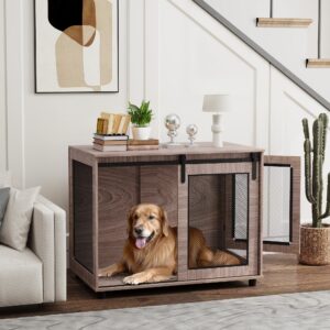 Hundeburmøbler, Hundebur med 2 låsbare døre, Sidebord til hjemmet, Hundehus til store hunde under 30 kg, Stål, 98 x 60 x 78 cm, Valnød