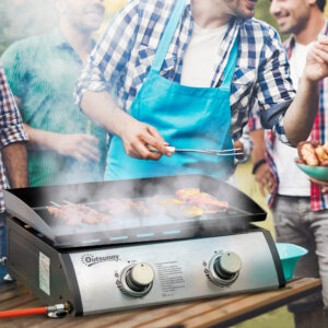 Bordgasgrill med 2 brændere, bordgasgrill med slange, rustfrit stål og metal, non-stick grillplade, ideel til camping