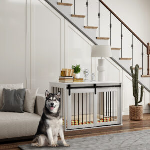 Hundebur til Hjemmet, Aflåseligt Hundehus med Indgang, Hundebur med Skydedør, Hundehus til Store Hunde under 30 kg, Hvid, 98 x 58 x 61 cm