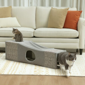 Kattetunnel, 2 kattehuler, kradseflader og boldlegetøj, 98 cm x 30 cm x 30 cm, brun + grå