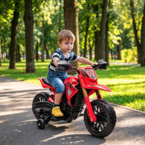 El-motorcykel til børn, 6V børnemotorcykel med støttehjul, børnekøretøj med horn og startlyd, 3 km/t, til 3-8-årige, maks. 30 kg, rød