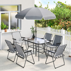 Havemøbelsæt, siddegruppe, 119 x 68 cm, glasbord med 6 klapstole, parasol, vandbølgemønster, grå