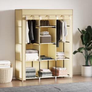 Stofgarderobe med 8 niveauer og bøjlestænger, sammenklappelig garderobe lavet af non-woven stof i beige, 125 x 43 x 162,5 cm til pladsbesparende opbevaring