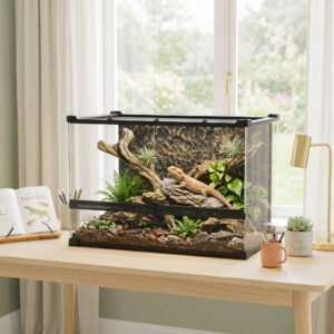 Terrarium til krybdyr, glasterrarium 48L med frontventilation, stenbaggrund, drejelås, 50 x 30 x 35 cm, sort