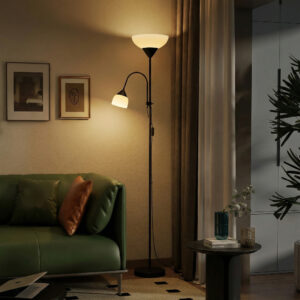 Uplight, mor og barn gulvlampe, høj lampe med 3 farvetemperaturer og fleksibel svanehals, sort
