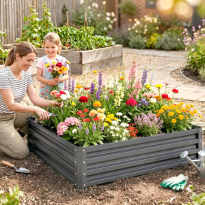 Højbed, blomsterkasse, grøntsagsbed, plantekasse, urtebed til have, terrasse, altan, stål, lysegrå, 120 x 120 x 30 cm