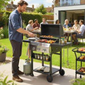 Gasgrill 9 KW 3 brændere BBQ grillvogn rustfrit stål inkl. foldbart sidebord krydderiholder nederste hylde 6 kroge