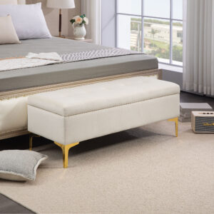Opbevaringsbænk med fløjlslook og metalben til stue, soveværelse, entré, 120 x 44 x 44,5 cm, Beige