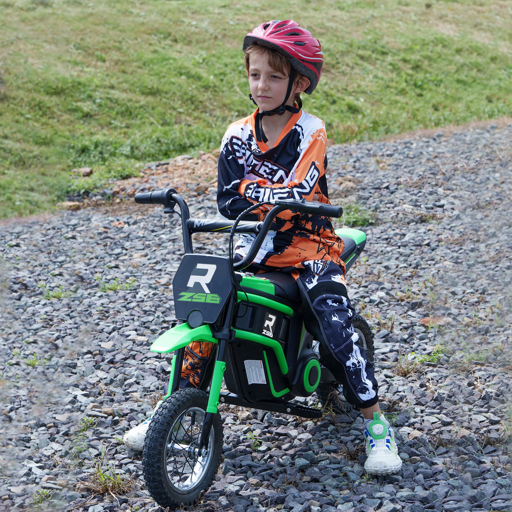 El-motorcykel til børn 12V med horn og lys, 8-16 km/t, drejegrebsgashåndtag, til børn 8-12 år, grøn