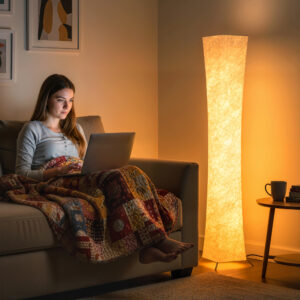 Gulvlampe med papirskærm, fodkontakt, 3 lysstyrkeniveauer, hvid