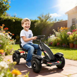 Gokart, Pedalbil med Håndbremser, Børnekøretøj med Justerbart Sæde, Pedaler, Kettcar til 5-12 År, Sort
