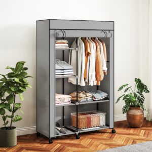 Stofgarderobe, opbevaringsløsning, 6 hylder, 1 garderobestang, lysegrå