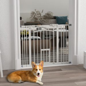 Trappegitter til hunde med automatisk lukkemekanisme og kattelem, borefri, 74-100 cm, hvid