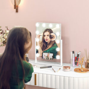 Hollywood-spejl med belysning, 12 LED'er, 37 x 46 cm, 3 lysfarver, 10x forstørrelse, 360° roterbar, USB-opladeport, hvid