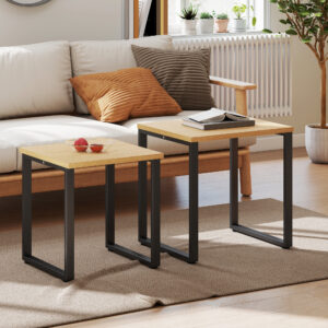 Sofabordsæt med 2, stuebord med metalstel til stuen, naturlig finish