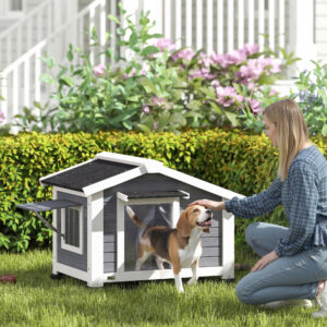 Vejrbestandigt hundehus i træ med aftageligt gulv, asfalttag, vindue der kan åbnes, 98x76x69,5 cm, grå