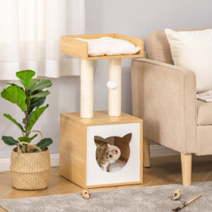 Kattehule med Kattehule og 2 Puder, 2 Etager Inklusive Kattehus, Legetøj med Bold, Kattehytte, Sisal, Naturlig, 35 x 35 x 81 cm