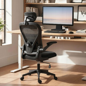 Kontorstol Ergonomisk Skrivebordsstol med Foldbare Armlæn, Justerbar Lændestøtte Sort