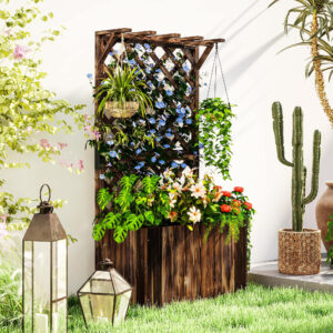 Hævet havebed med espalier, espalier, blomsterkasse, træ, haveespalier 64 x 33 x 122 cm, forkullet