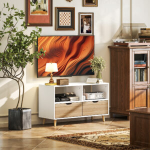 TV-skab med lavt skab og 2 hylder, skuffe, 99 cm langt TV-bord til TV, TV-bord til stue, hvid