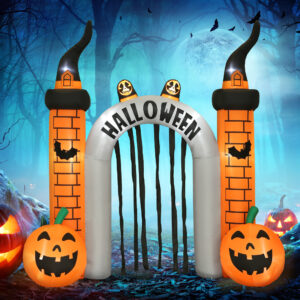 Oppustelig Halloween-buegang med græskarmotiv, LED'er, pløkker, polyester