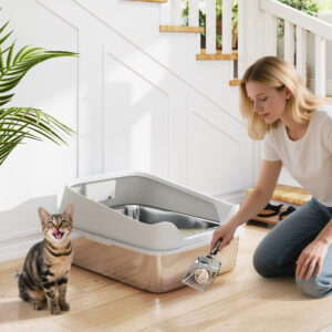 Åben kattebakke i rustfrit stål med ske, høje sider, til store katte op til 12 kg, 69,8 x 50,3 x 29,8 cm, grå