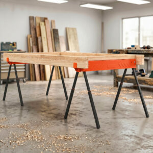 Savbukke i en pakke med to, foldbare arbejdsbænksavbukke med højdejusterbare ben, 2x4 beslag, bærehåndtag, orange