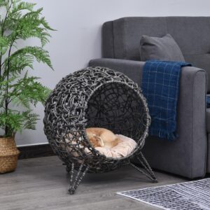 Rattan Kattehus med Hynde Katte Soveplads Kattehule med Hævede Fødder Sølvgrå Ø52 x 58 cm