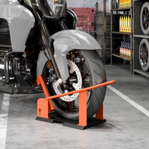 Motorcykelstativ til 15-21", 381-533,4 mm forhjul, justerbar motorcykelvippe, 816,5 kg lasteevne, orange