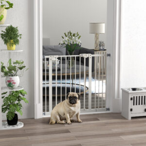 Sikkerhedsgitter til Hunde, 74-80/87-94 cm, Trappegitter til Kæledyr, Hundegitter Inklusive Diverse Forlængere, Sikkerhedsgitter Ingen Boring Nødvendig, Metal, Plast, Hvid