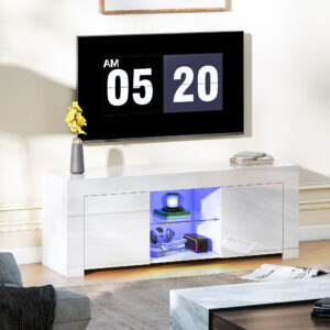 TV-skab med LED-belysning, 2 skabslåger, glashylde, kabelhuller, til stue, spånplade, hvid