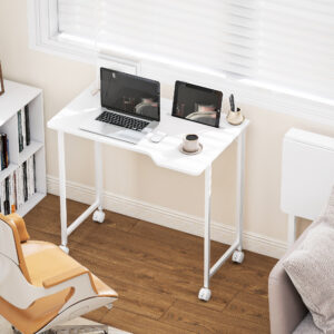 Skrivebord, foldbart computerbord, pladsbesparende kontorbord med hjul, plads til apparater, 80 x 52 x 75 cm, hvid