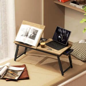 Sengebord, laptopbord, højdejusterbart med skuffe, foldbart til sofa, arbejdsseng, egetræ