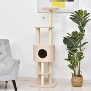 Kradsetræ 148 cm højt med hule, 4 legetøj, sisalstolper, stor platform, flere niveauer til katte op til 5 kg