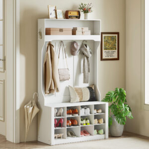 Garderobe med hylde, bænk, kroge, skorum, spånplade, MDF, hvid