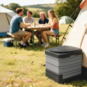 Campingtoilet, foldbart rejsetoilet op til 150 kg med 12 koagulationspulverpakker og 12 affaldsposer, 42 x 46 x 43,5 cm, grå
