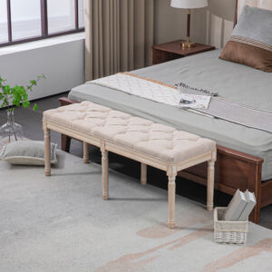 Vintage polstret bænk 117x40x48cm siddebænk sengebænk soveværelsesbænk med knapper linnedlook op til 120kg beige