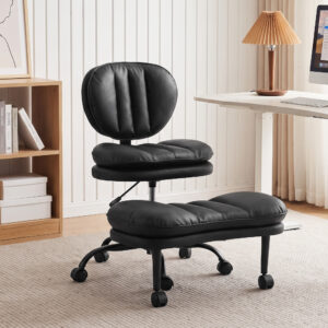 Ergonomisk kontorstol med krydsben, 360° drejelig meditationsstol med hjul, aftagelig fodstøtte, sort