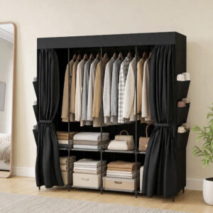 Stofgarderobe, støvtæt, bærbar, 5 bøjlestænger, 170 x 45 x 167 cm, sort