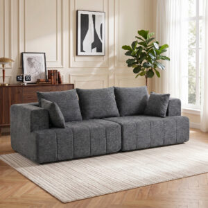 3-personers sofa, Cloud sofa lavet af chenille med tyk fjederkernepolstring, bredt og dybt sæde, brede armlæn, hynder, grå