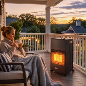 Gas terrassevarmer, udendørs, 1,5-4,2 kW, foldbar, med hjul, beskyttelsesdæksel, 3 effektniveauer, slange