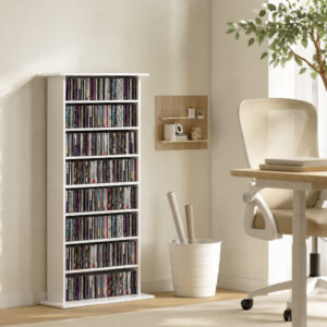 Smalt medieskab, 8 niveauer, 6 justerbare hylder, 8 rum, til 360 cd'er, hvid