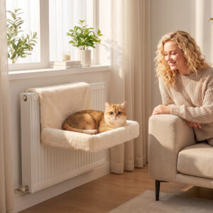 Plys kattehule, hængende katteseng med stålramme, 48x43x26cm, beige