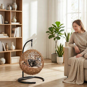 Rattan katteseng, kattehule med vaskbar hynde og legebold, til katte op til 10 kg, 45 x 41 x 75 cm, lysebrun