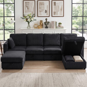 Hjørnesofa, 4-personers, U-formet sofa med opbevaringsfod, 306 cm hjørnesofa med fløjlslook, 4 hynder, til stuen