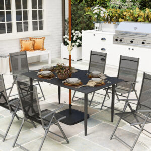 Havebord 150x90cm, vejrbestandigt balkonbord af stål, balkonbord med paraplyhul, lameldesign, udendørs campingbord, sidebord, rektangulært terrassebord til haven, balkon, sort